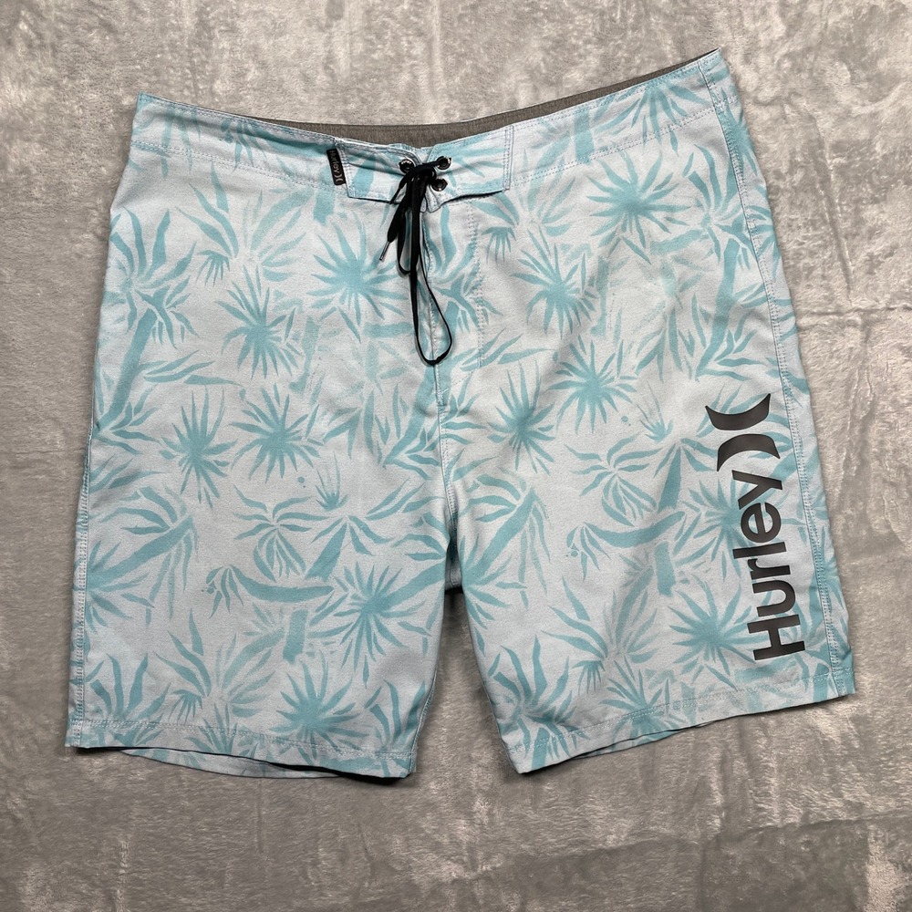 Hurley Board Shorts Mens 34 Light Blue Tropical Palm Leaf Print